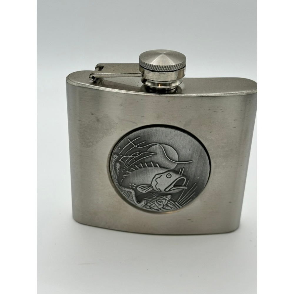 Vintage Stainless Steel 5oz Hip Flask with Raised Fish Medallion Fishing Theme